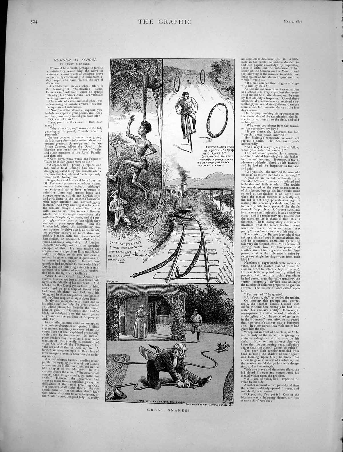 Old Print Humour School Great Snakes Bicycle Friend Adventures Snake1891 19th