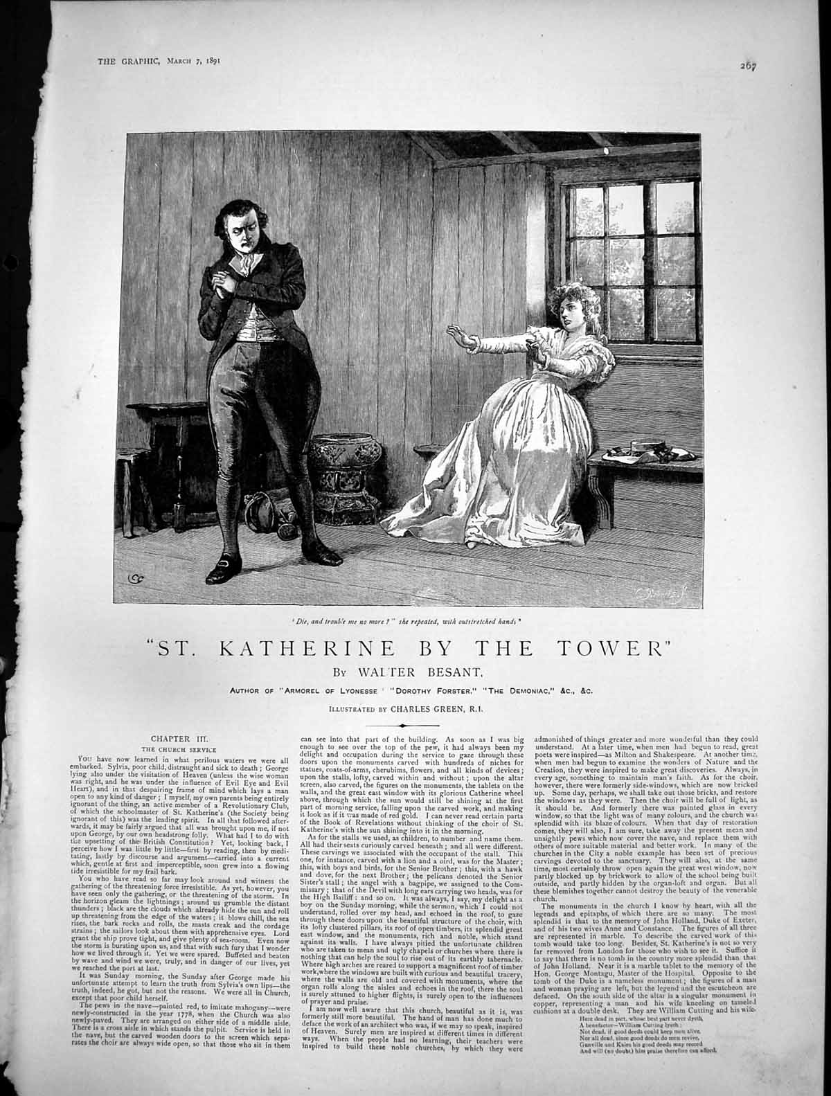 Antique Print St Katherine By Tower Church Service Lady Tells Man Die 1891 19th