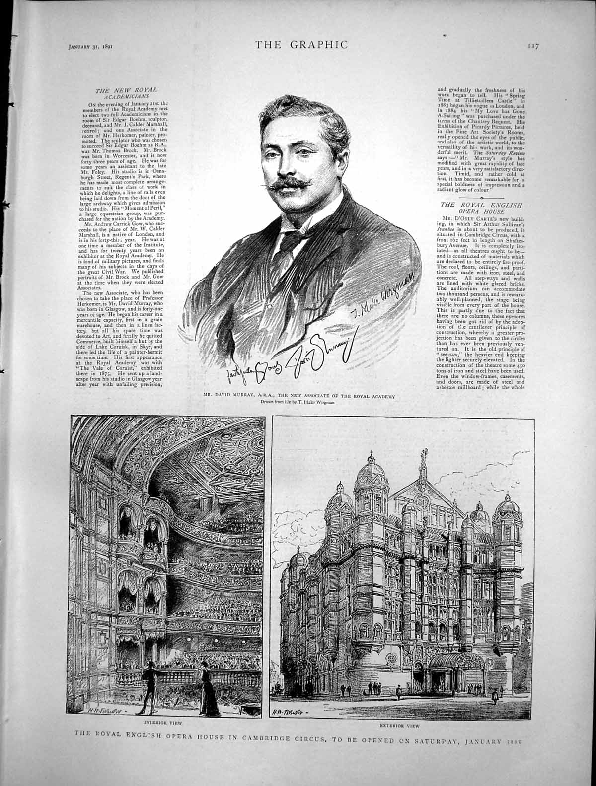 Antique Old Print David Murray Ara English Opera House Cambridge Circus 1891