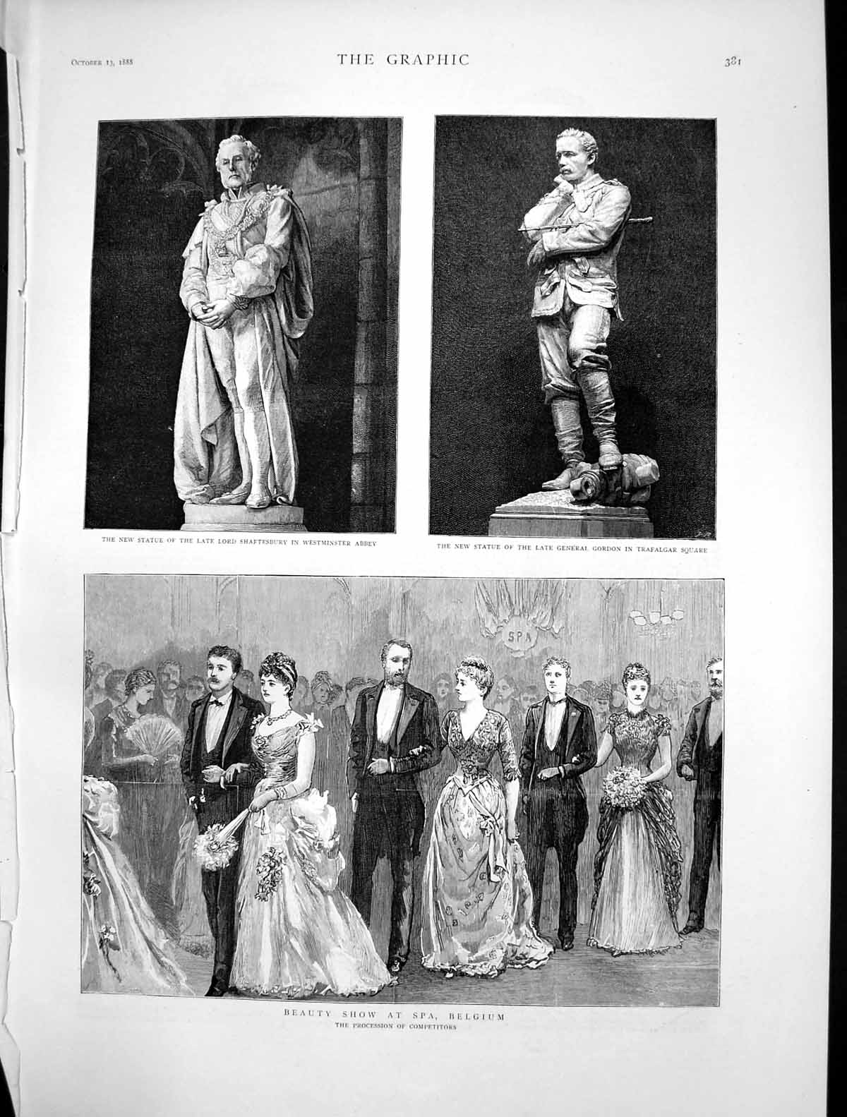 Antique Old Print Beauty Show Spa Statues Lord Shaftesbury Gen Gordon 1888 19th