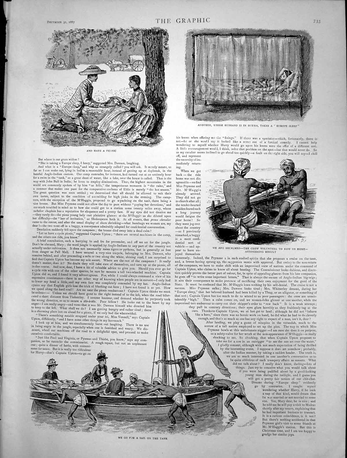 Antique Print Picnic Sail On Tank Becalmed Crew Row Home Europe Sleep 1887 19th