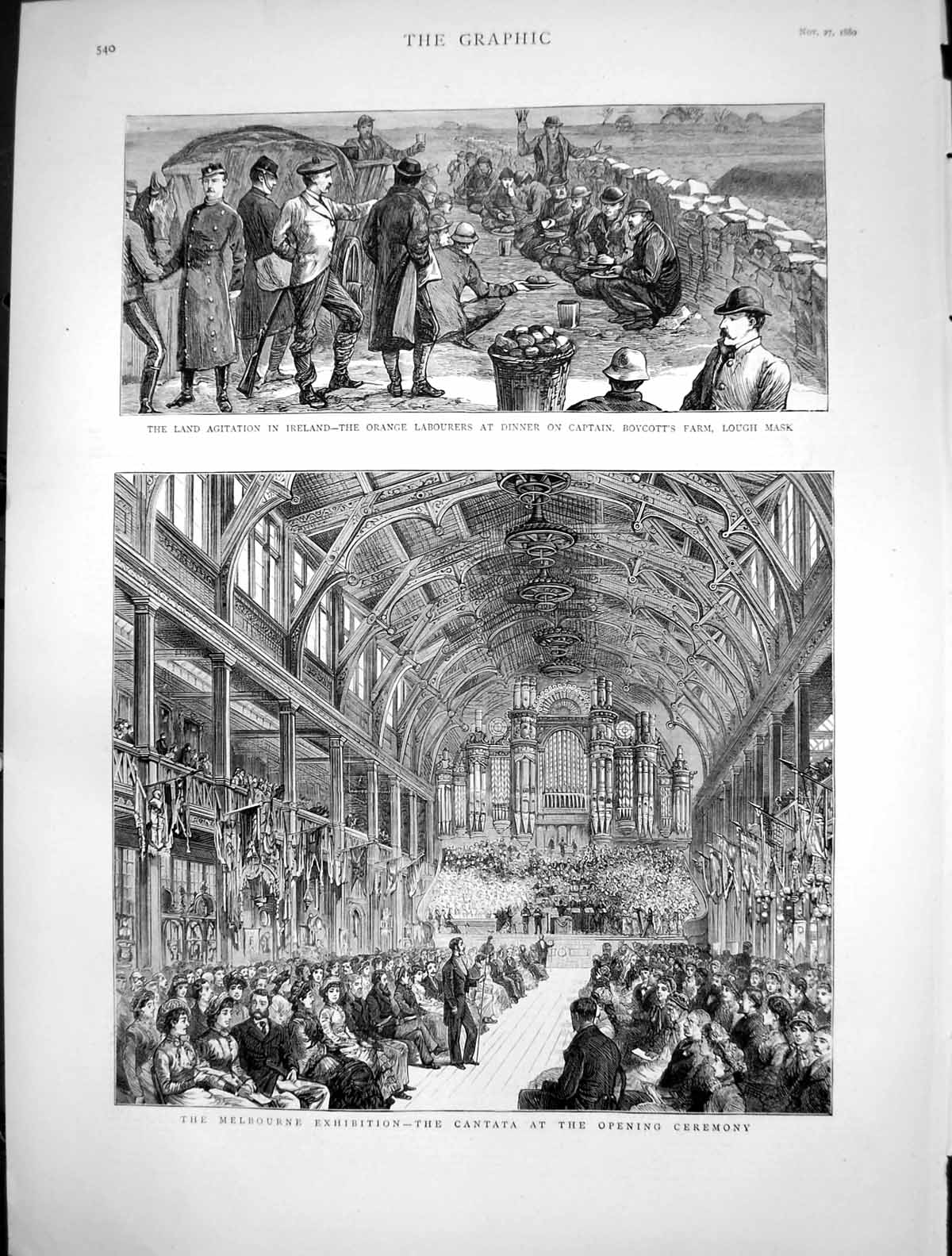 Antique Old Print Land Agitation Ireland Melbourne Exhibition Cantata 1880 19th