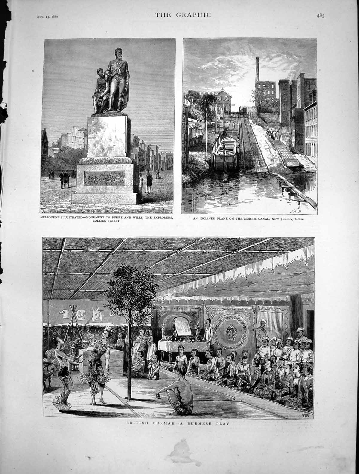 Antique Old Print Monument Burke Wills Explorers Melbourne Burmese Play 1880