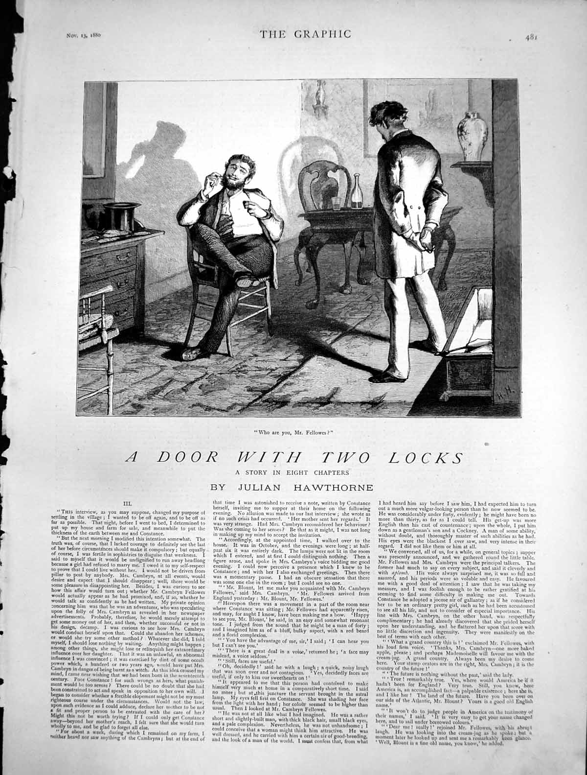 Old Antique Print Door WithLocks Man Asks Who Are You Mr Fellowes 1880