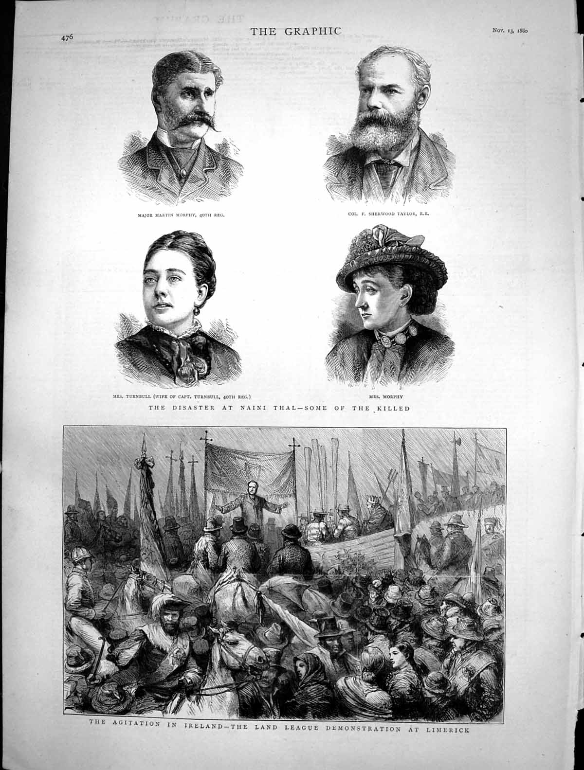 Antique Old Print Disaster Naini Thal Land League Demonstration Limerick 1880