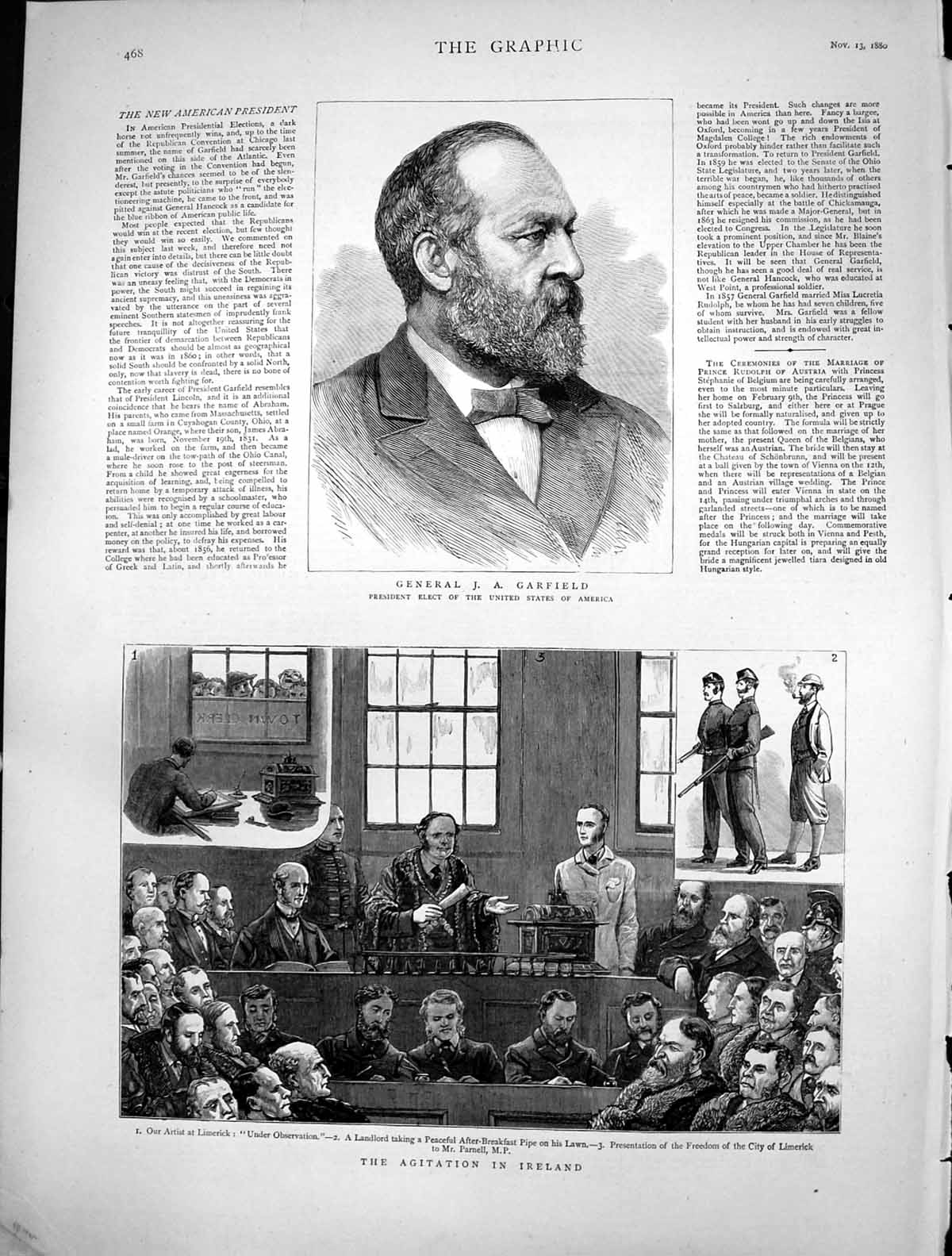 Antique Print General J Garfield Usa Ireland Parnell Freedom Limerick 1880 19th