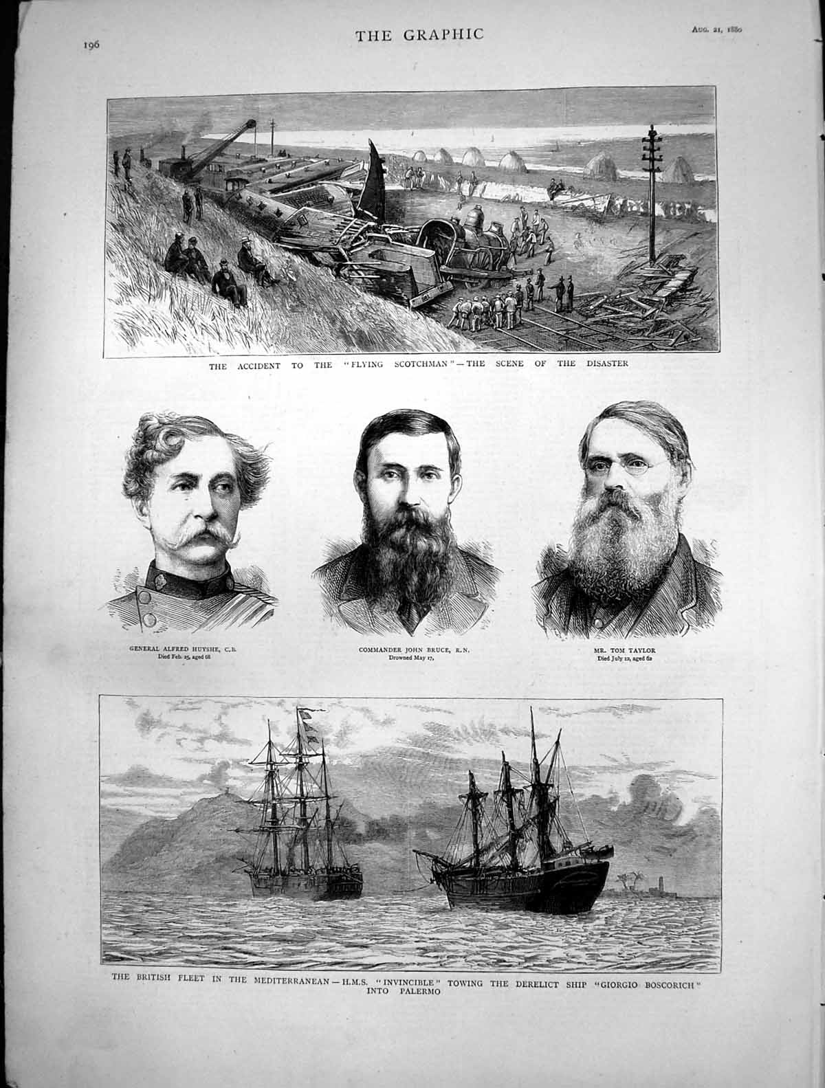 Old Print Accident Flying Scotchman British Fleet Invincible Palermo 1880 19th