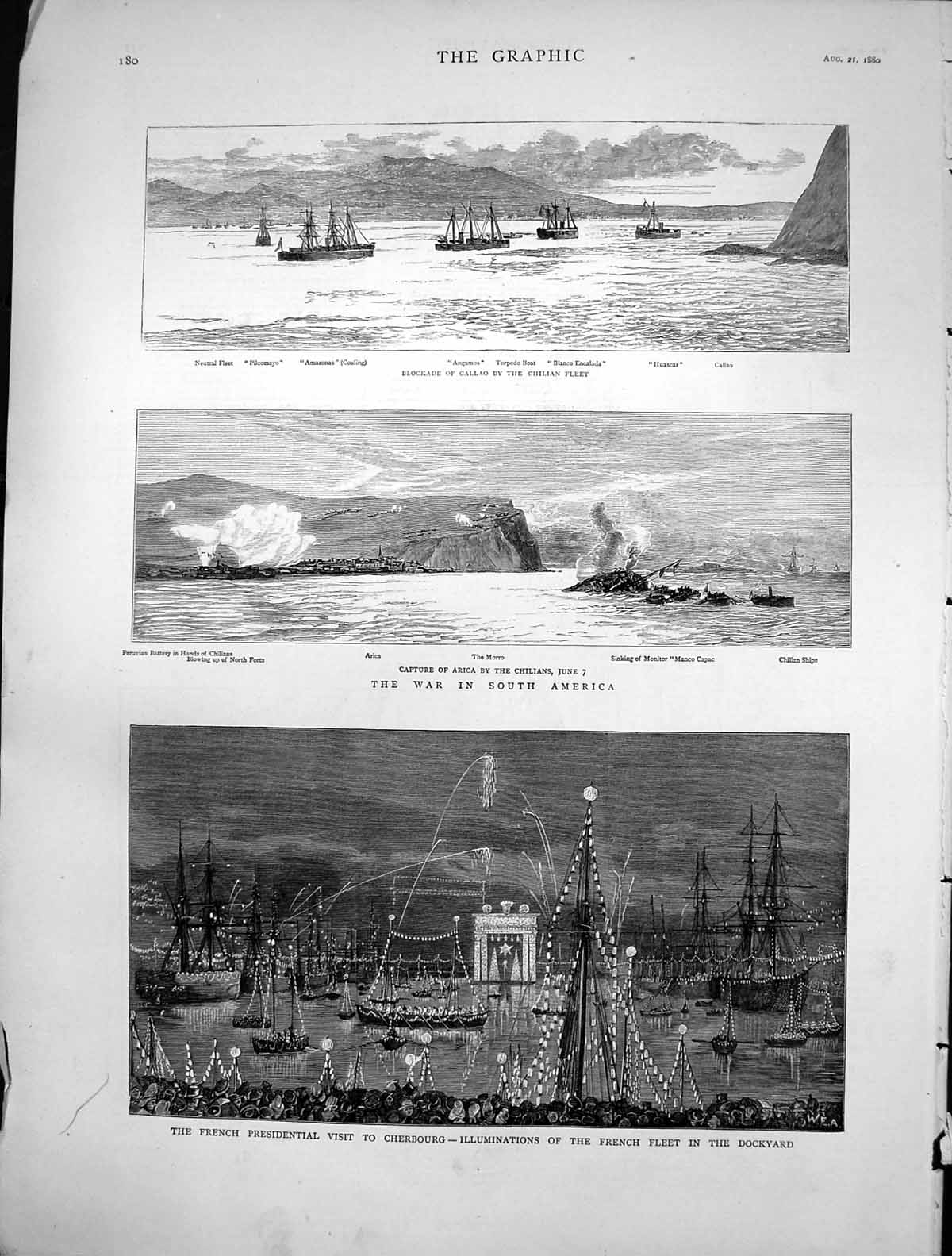 Antique Old Print War South America French Presidential Visit Cherbourg 1880