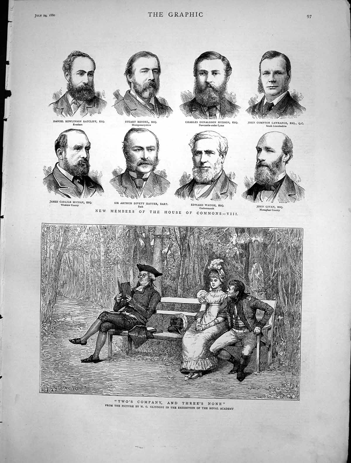 Antique Old Print Twos Company Threes None Glindoni Memebers Ho Commons 1880