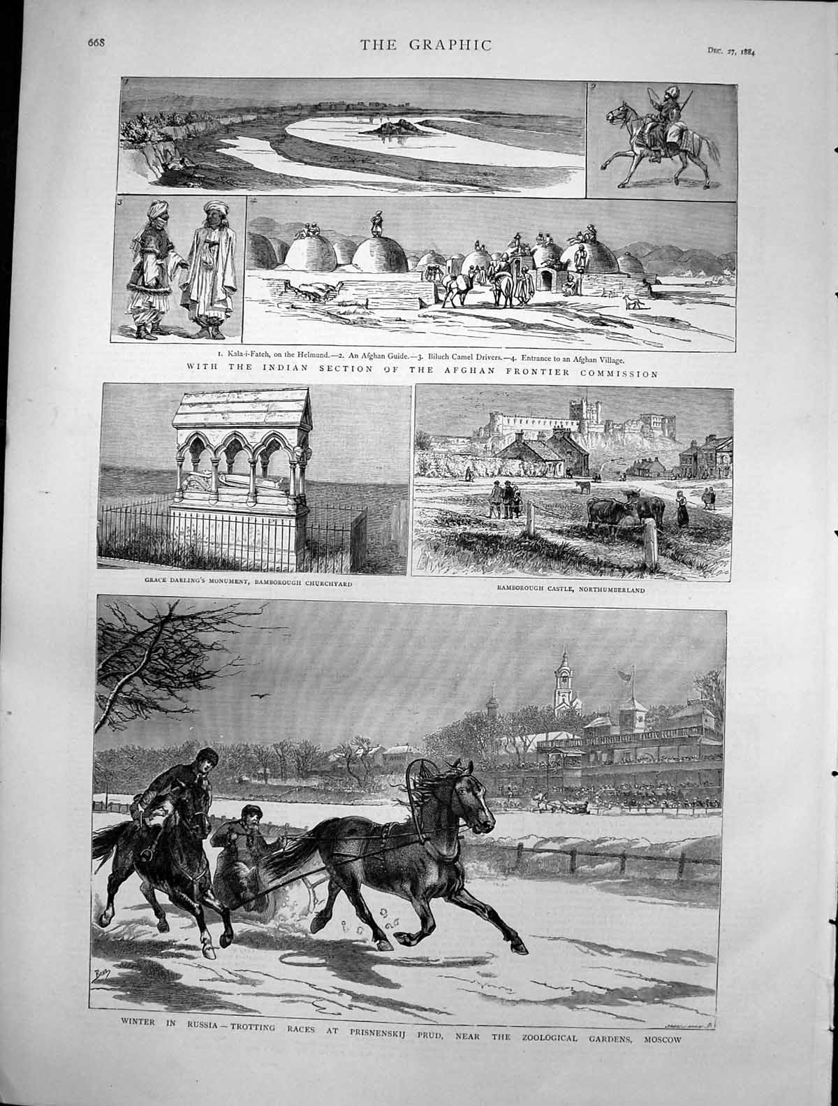 Antique Old Print Grace Darlings Monument Bamborough Winter Russia Races 1884