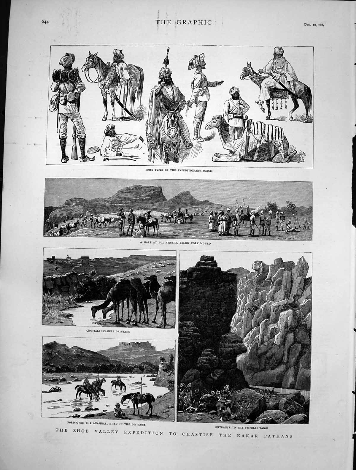 Old Print Zhob Valley Expedition Chastise Kakar Pathans Types Force 1884 19th