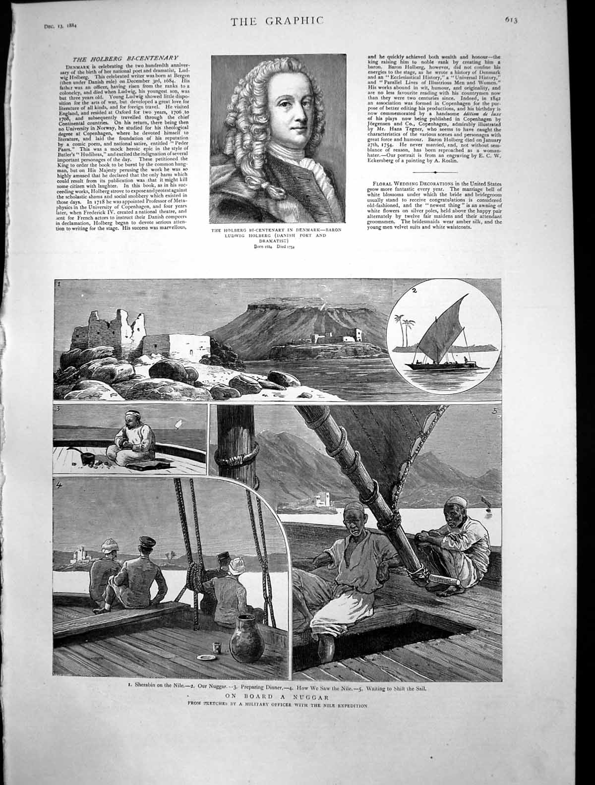 Antique Old Print Baron Ludwig Holberg Danish Poet On Board Nuggar Nile 1884