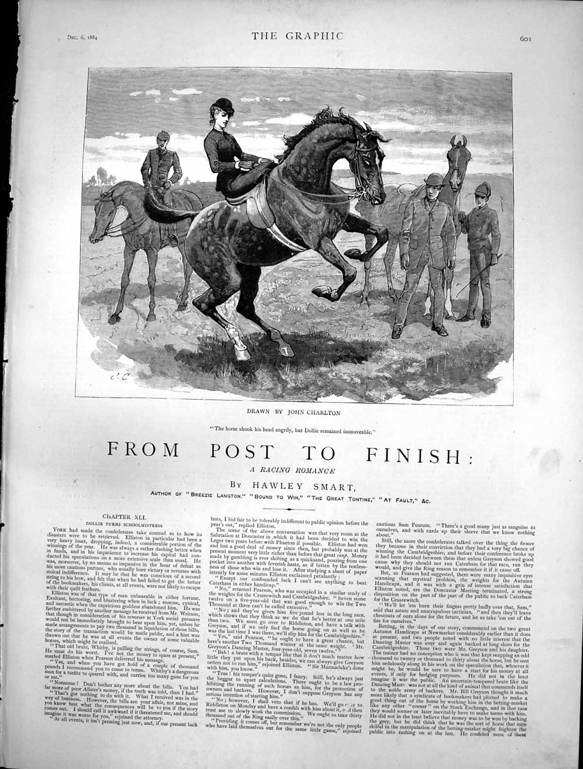 Old Print From Post To Finish Dollie Turns Schoolmistress Horseback 1884 19th