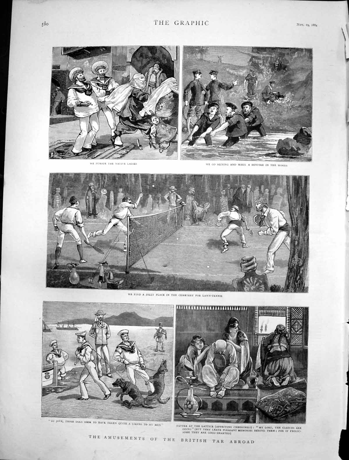 Old Print Amusements British Tar Abroad Native Ladies Tennis Seining 1884 19th