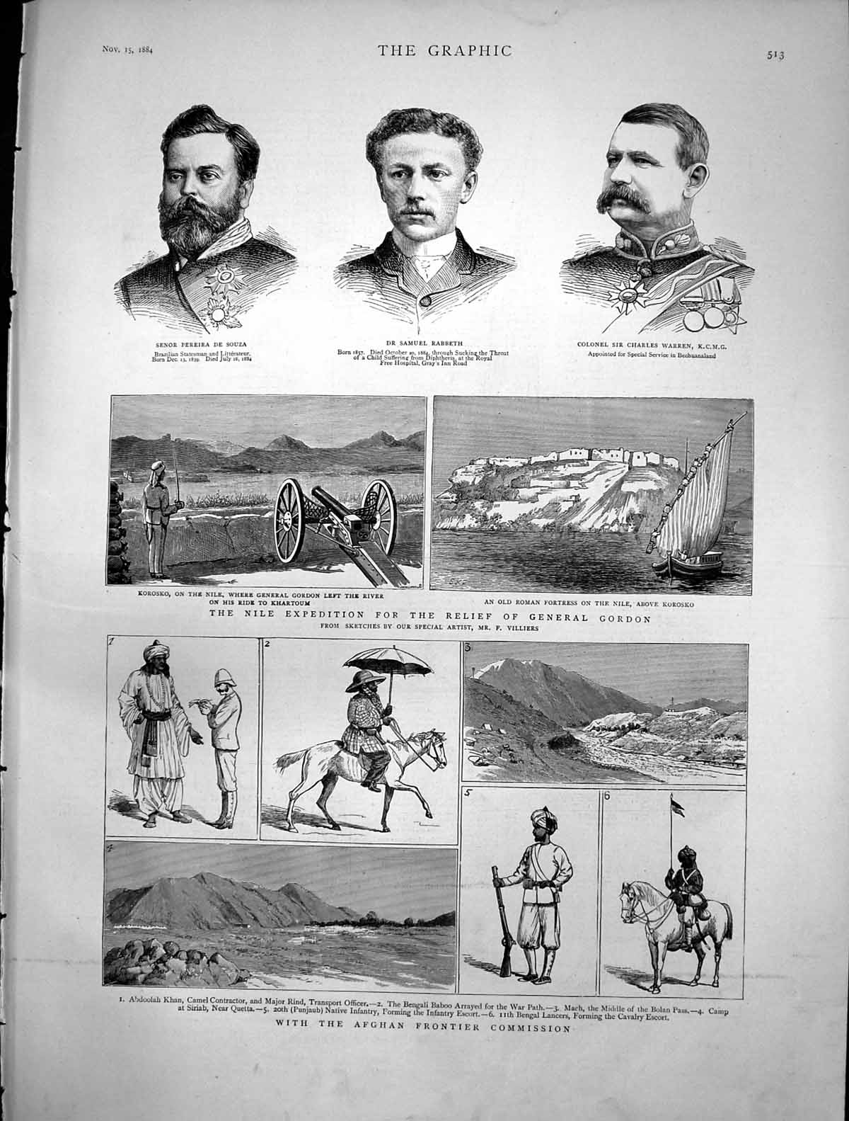 Antique Old Print Afghan Frontier Commission Nile Expedition Gen Gordon 1884