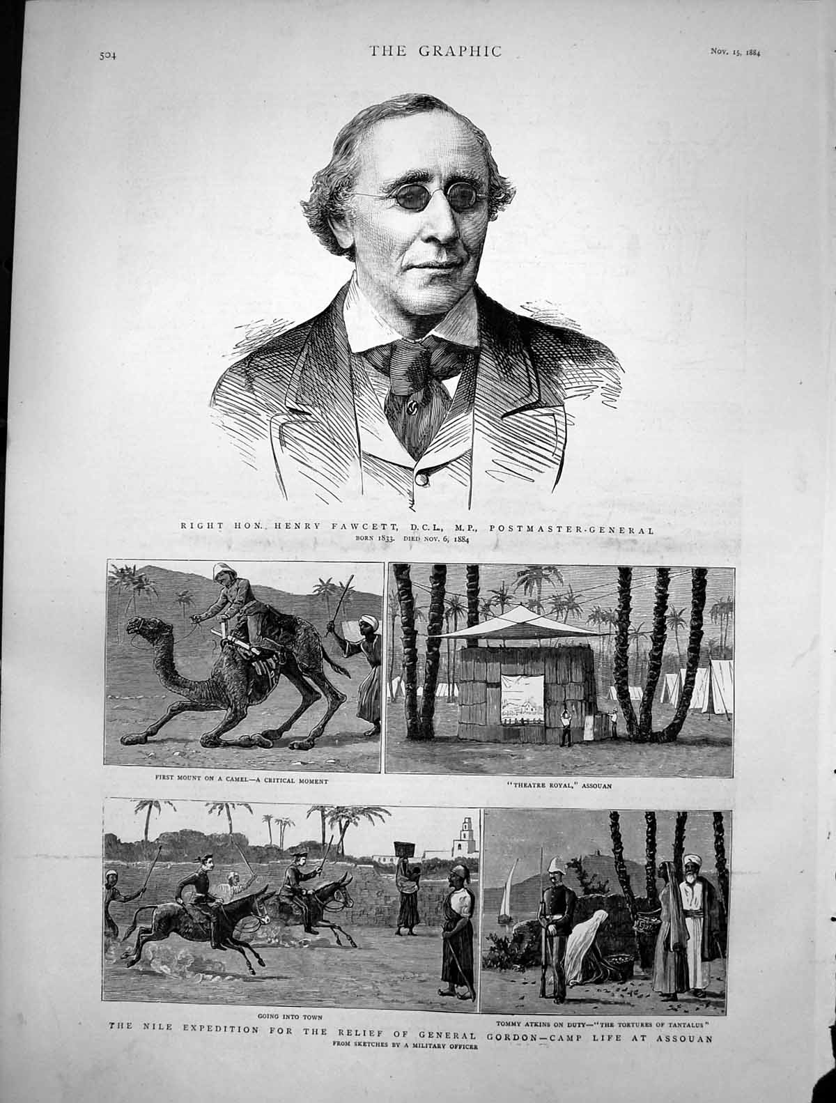 Old Print Henry Fawcett Postmaster Gen Nile Expedition Camp Assouan 1884 19th