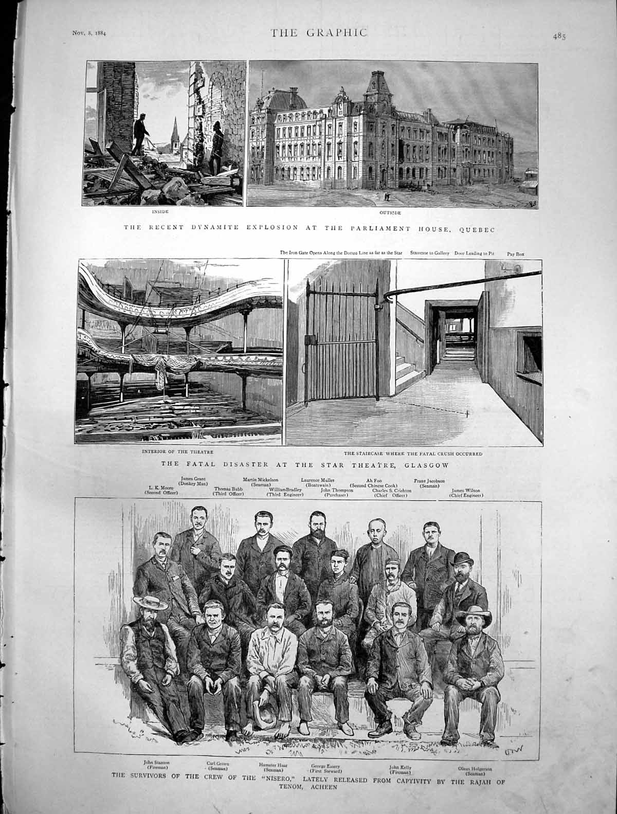 Antique Print Disaster Star Theatre Glasgow Dynamite Explosion Quebec 1884 19th