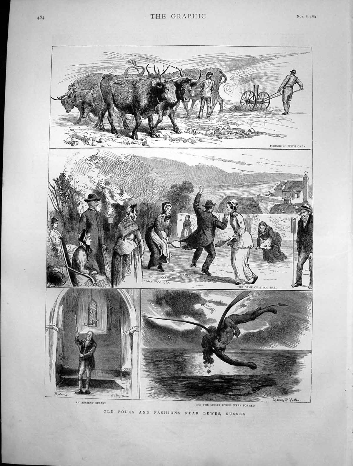 Old Print Folks Fashions Lewes Ploughing Oxen Game Stool Ball Belfry 1884 19th