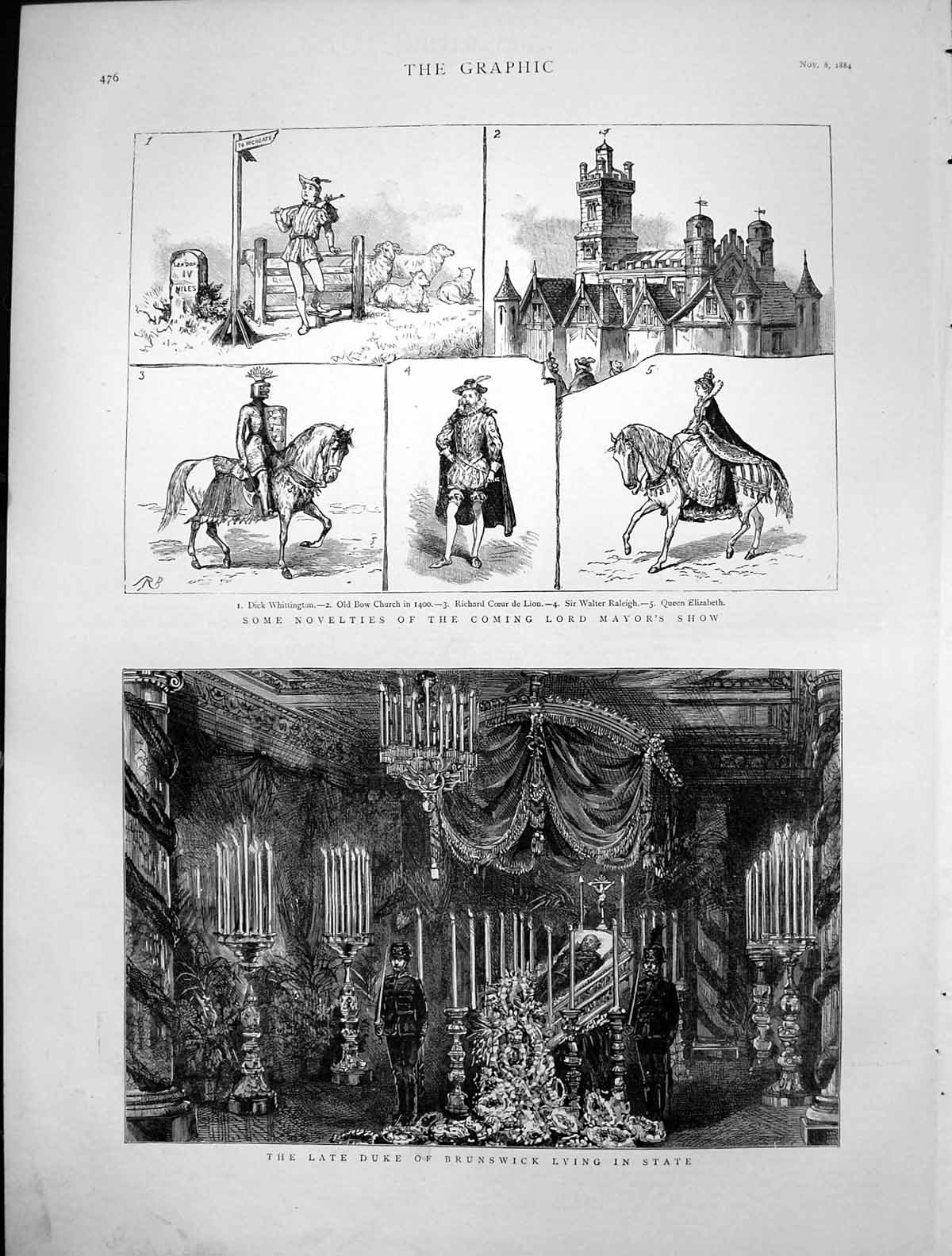 Antique Old Print Duke Brunswick Lying State Lord Mayors Show Bow Church 1884