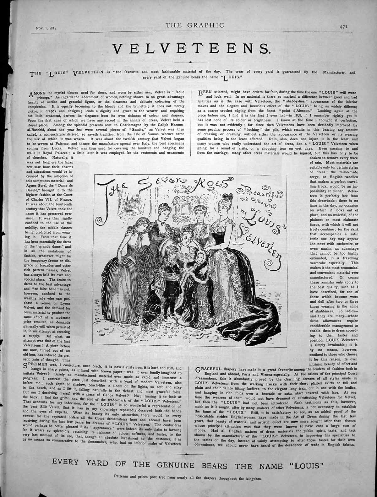 Antique Old Print Advert Louis Velveteen Fashionable Material Seven Ages 1884