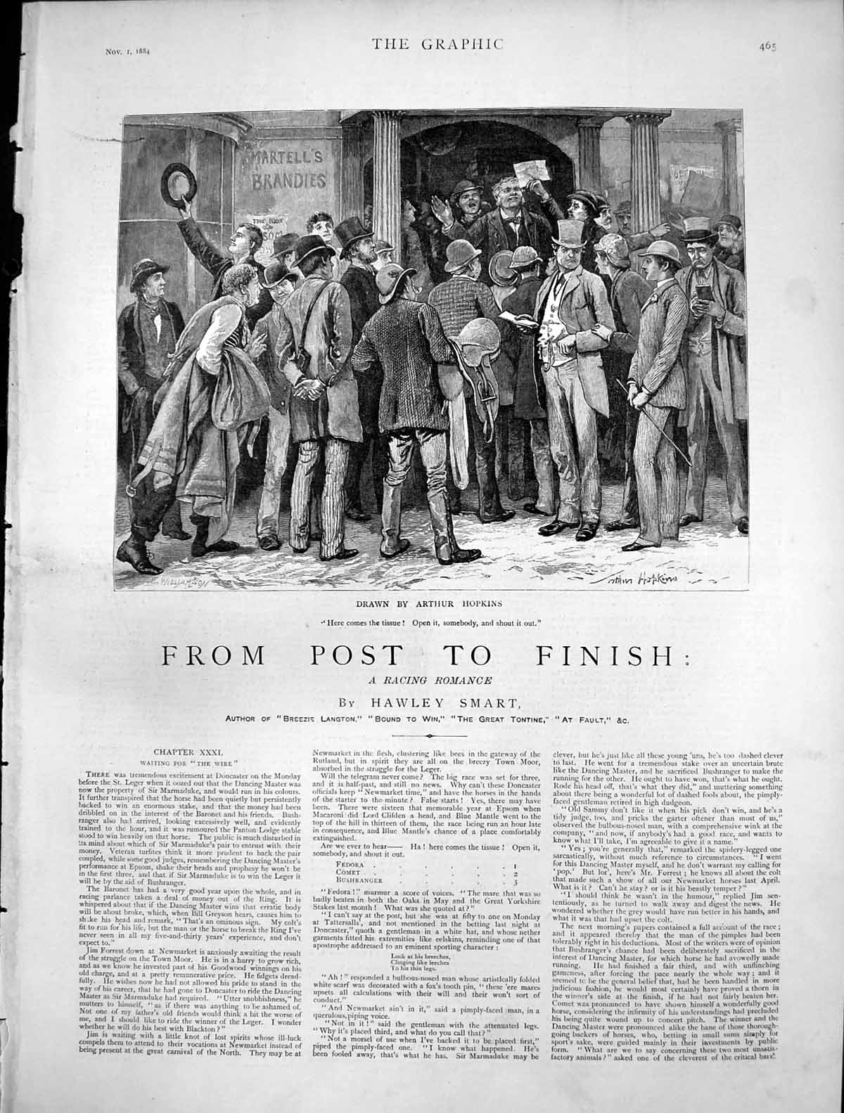 Antique Old Print From Post To Finish Waiting Wire Crowd Men Await News 1884