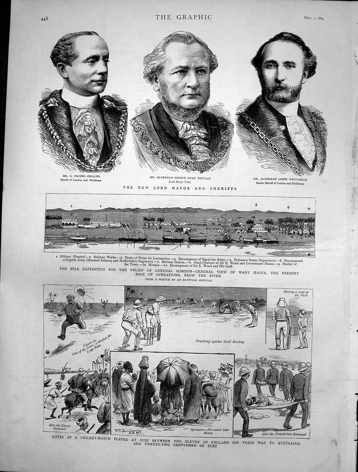 Old Antique Print New Lord Mayor Sheriffs Nile Expedition Wady Halfa 1884 19th