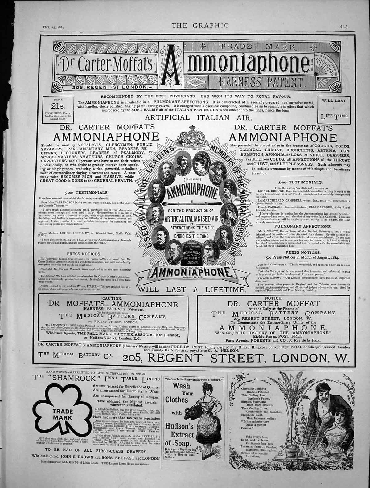 Antique Old Print Dr Carter Moffats Ammoniaphone Throat Shamrock Linens 1884