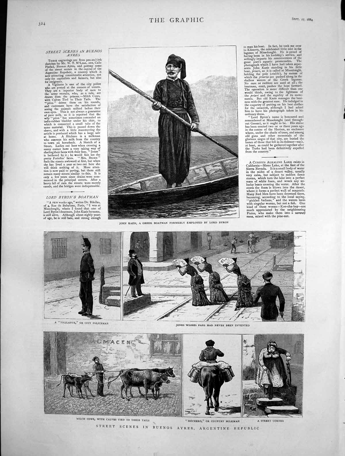 Old Print Street Buenos Ayres Argentine John Kazis Boatman Fans Cows1884 19th