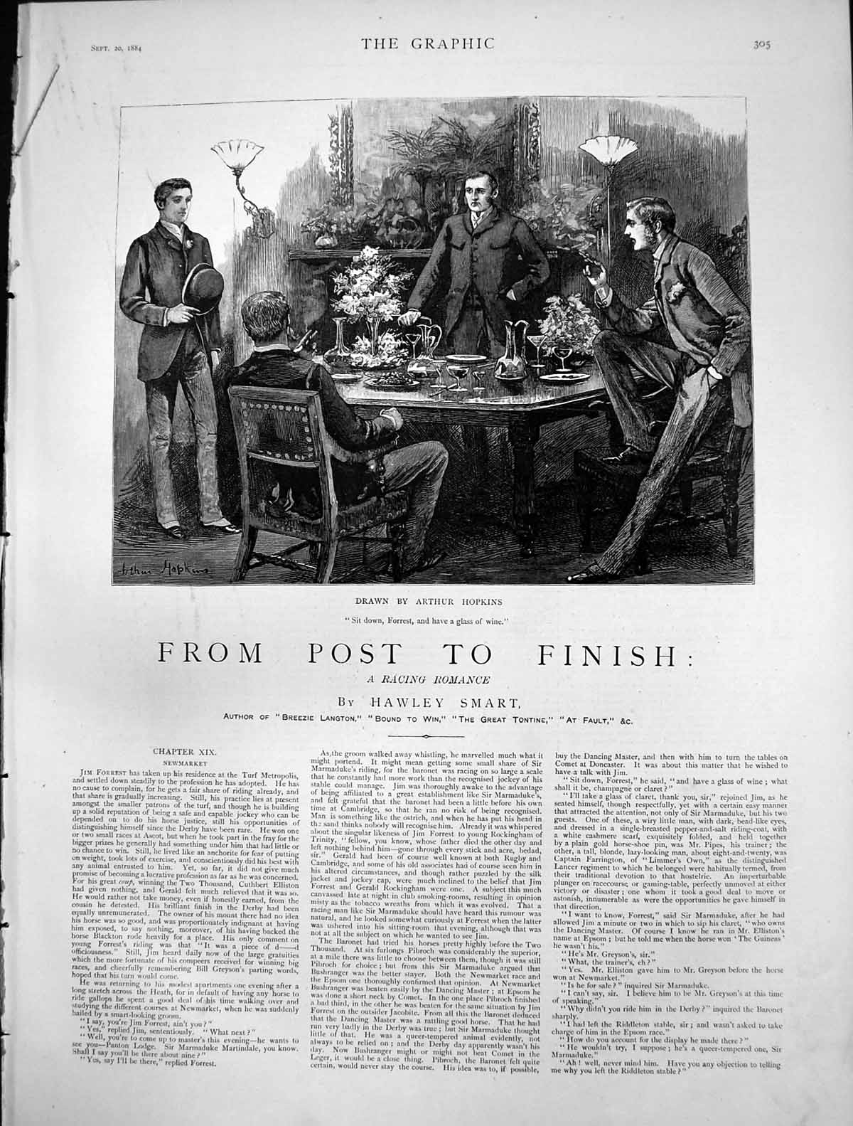 Antique Print From Post To Finish Newmarket Men Table Sit Down Forest 1884 19th