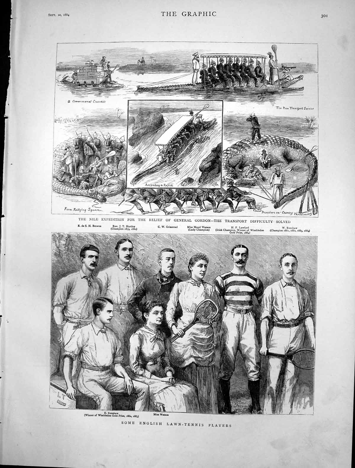 Antique Print English Tennis Players Nile Expedition Travel Crocodile 1884 19th