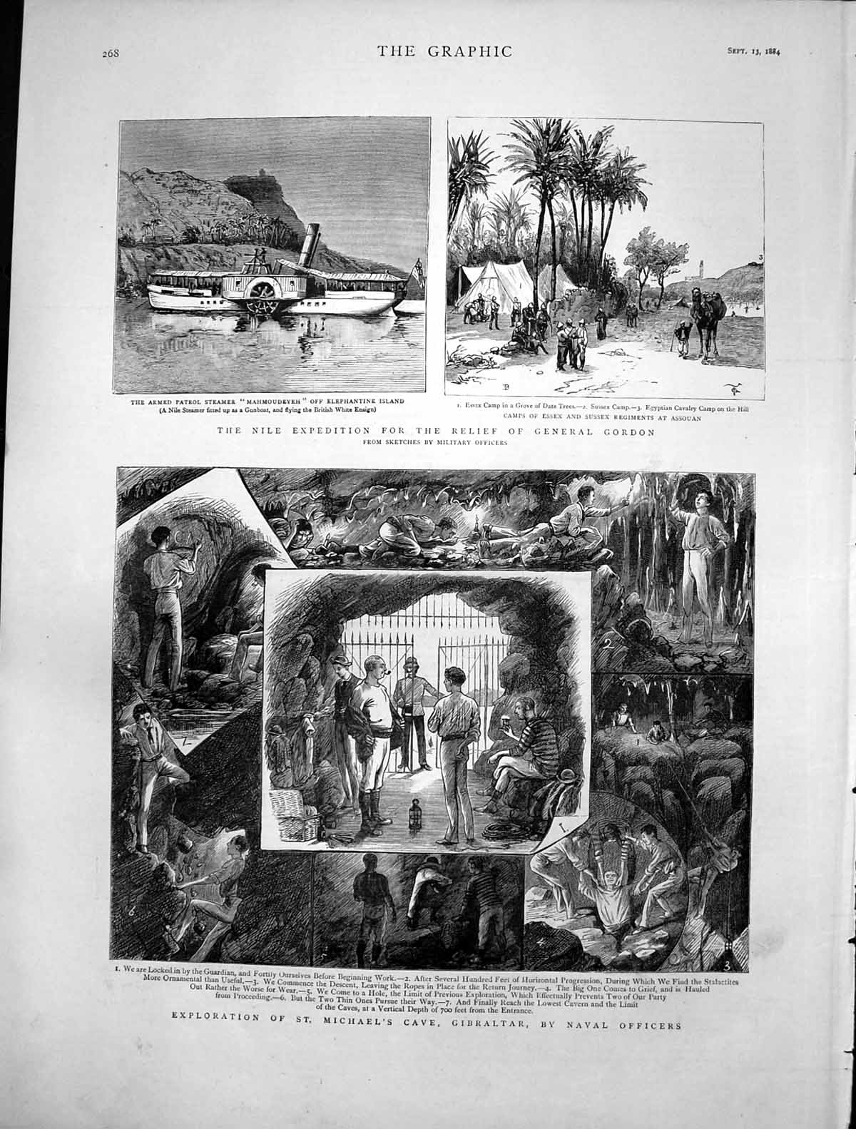 Antique Old Print St Michaels Cave Gibraltar Nile Steamer Camp Assouan 1884