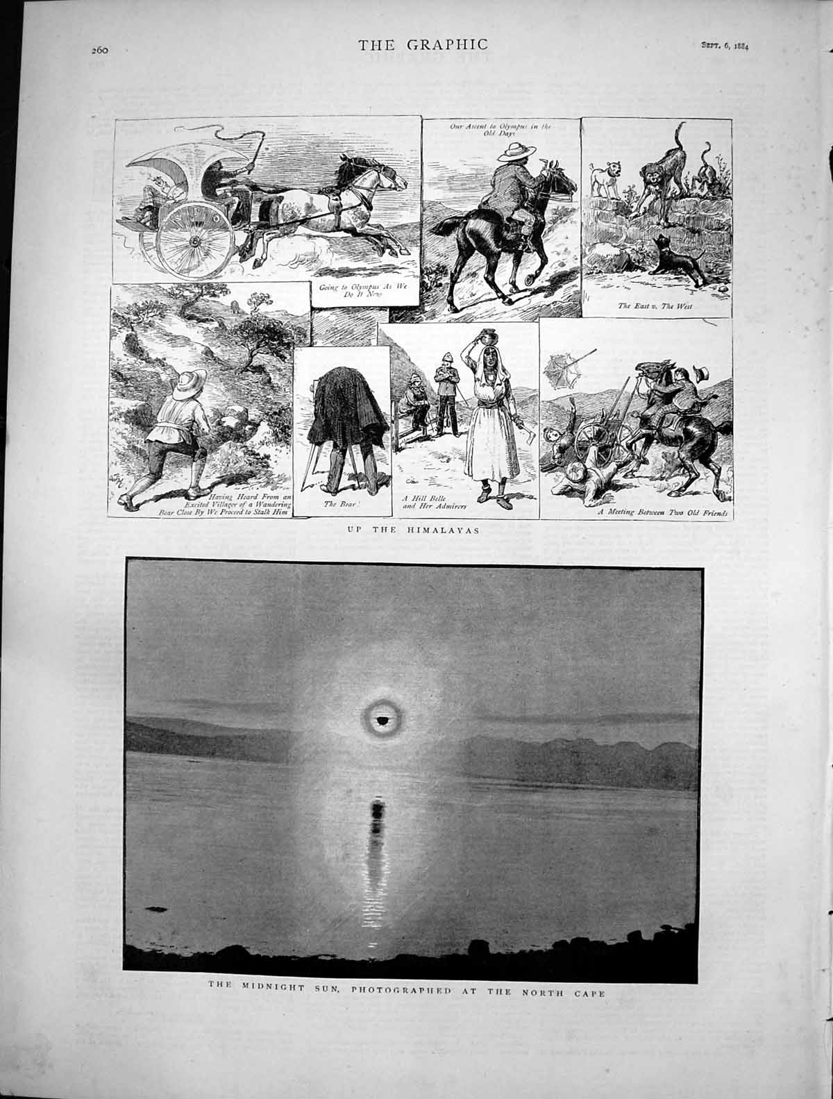Antique Old Print Midnight Sun North Cape Himalayas Hill Belle Olympus 1884