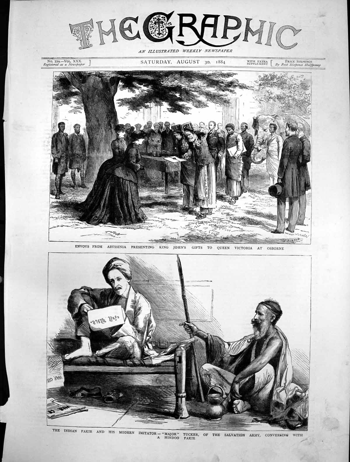 Antique Old Print Envoys Abyssinia Queen Osborne Indian Fakir Imitator 1884