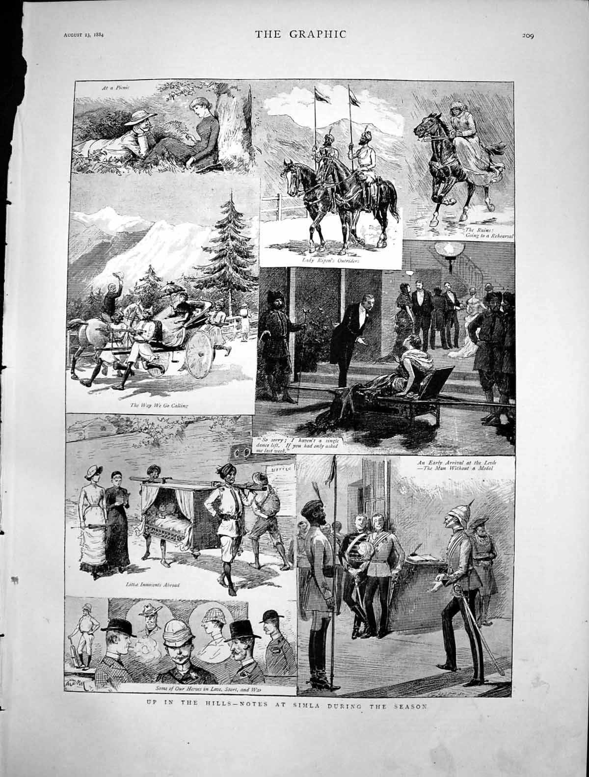 Antique Old Print Hills Simla During Season Picnic Lady Ripons Outriders 1884