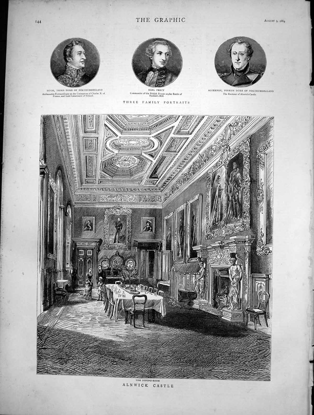 Antique Print Dining Room Alnwick Castle Earl Percy Duke Northumberland1884