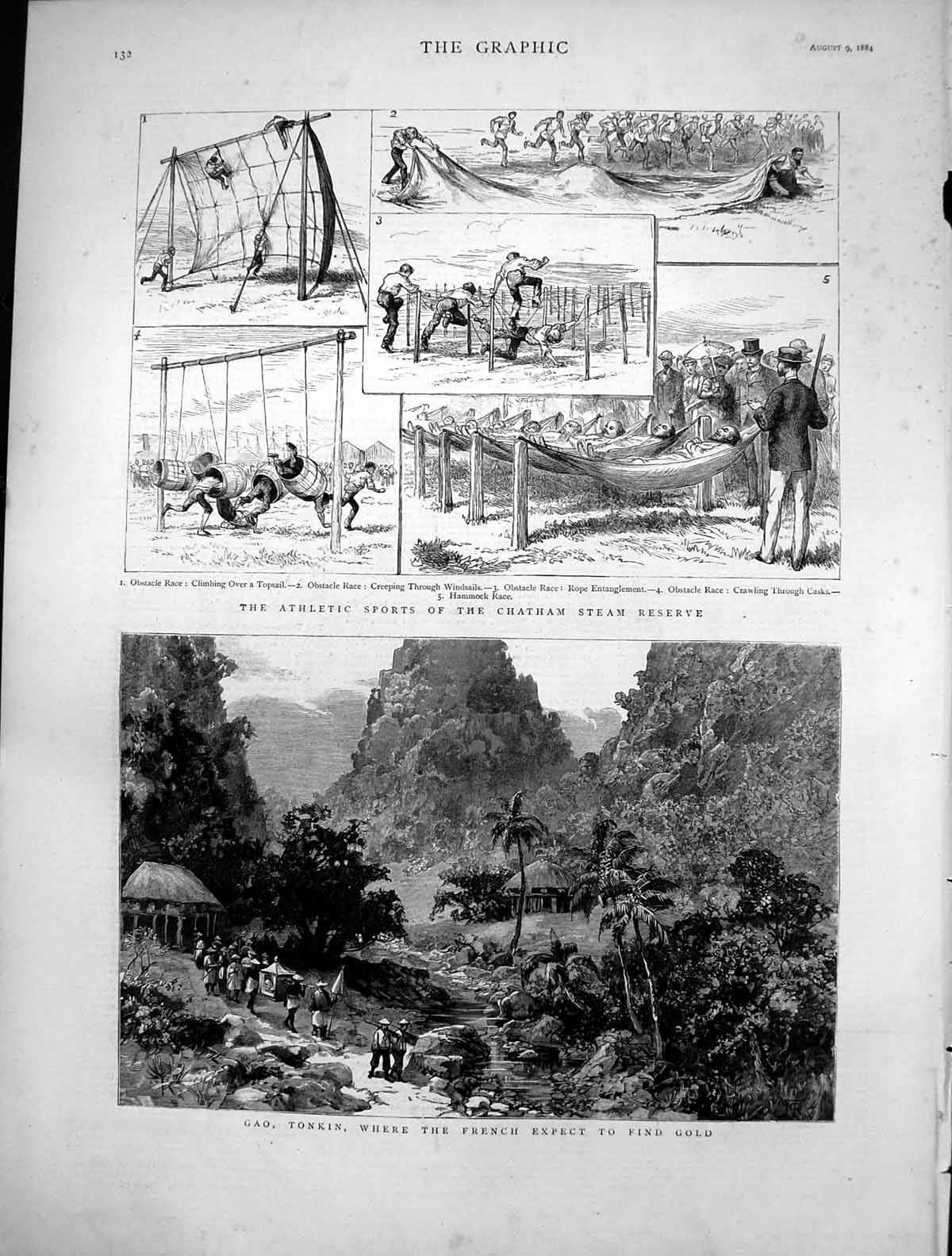 Old Antique Print Gao Tonkin French GAthletics Chatham Steam Reserve 1884 19th