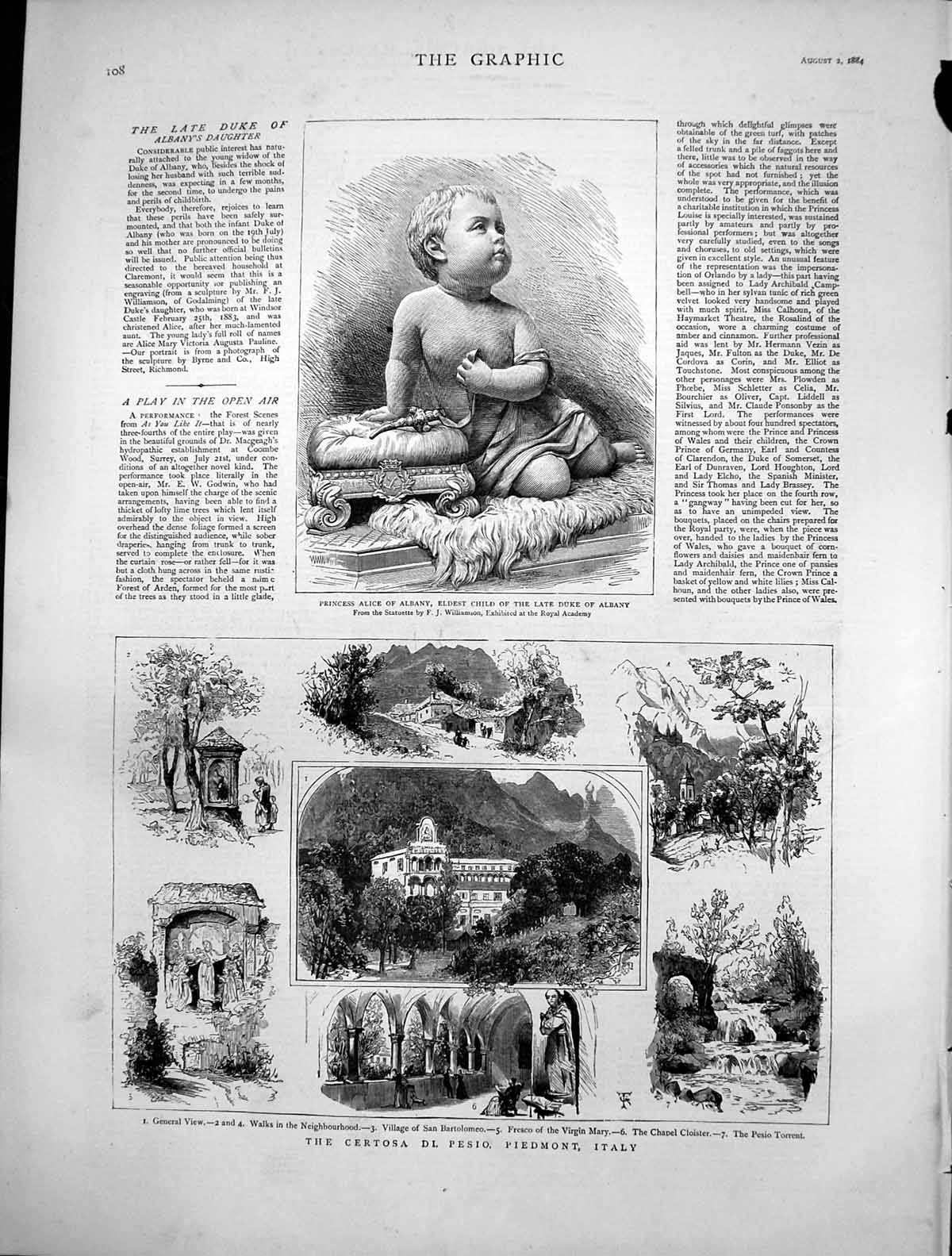 Antique Old Print Princess Alice Albany Certosa Di Pesio Piedmont Italy 1884
