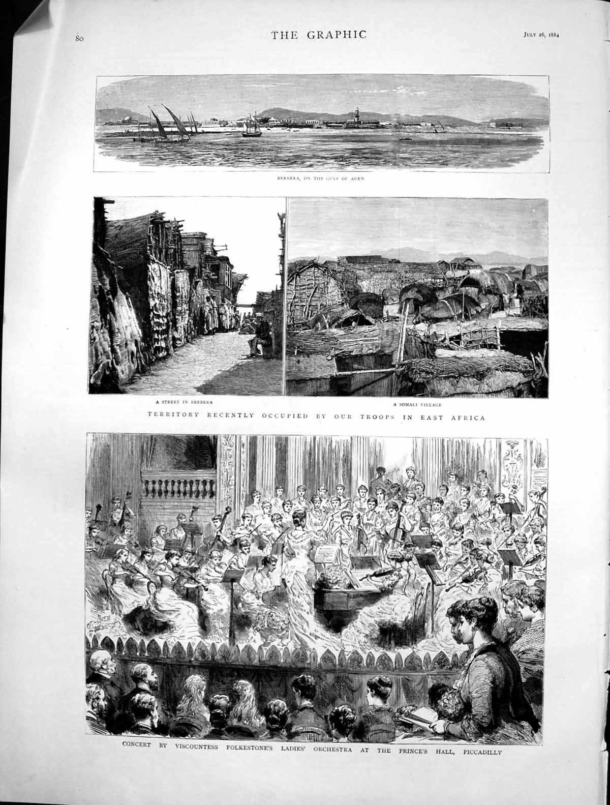 Old Print Ladies Orchestra Princes Hall Piccadilly Berbera Gulf Aden 1884 19th