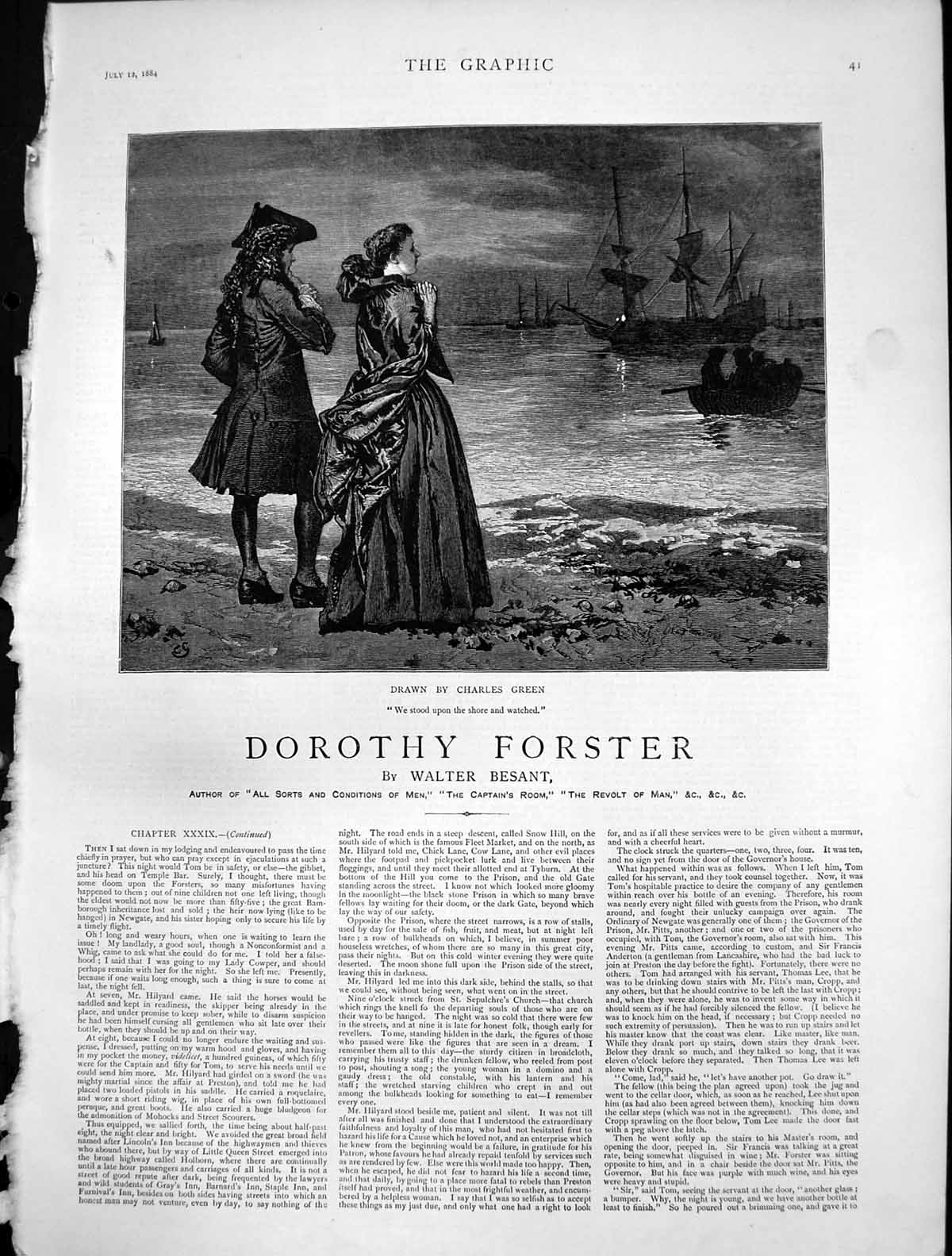 Antique Old Print Dorothy Forster Charles Green Couple Shore Watch Ships 1884