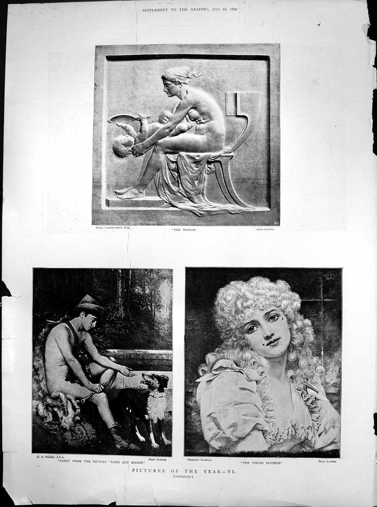 Antique Old Print Mirror Thornycroft Young Duchess Paris Oenone Storey 1890