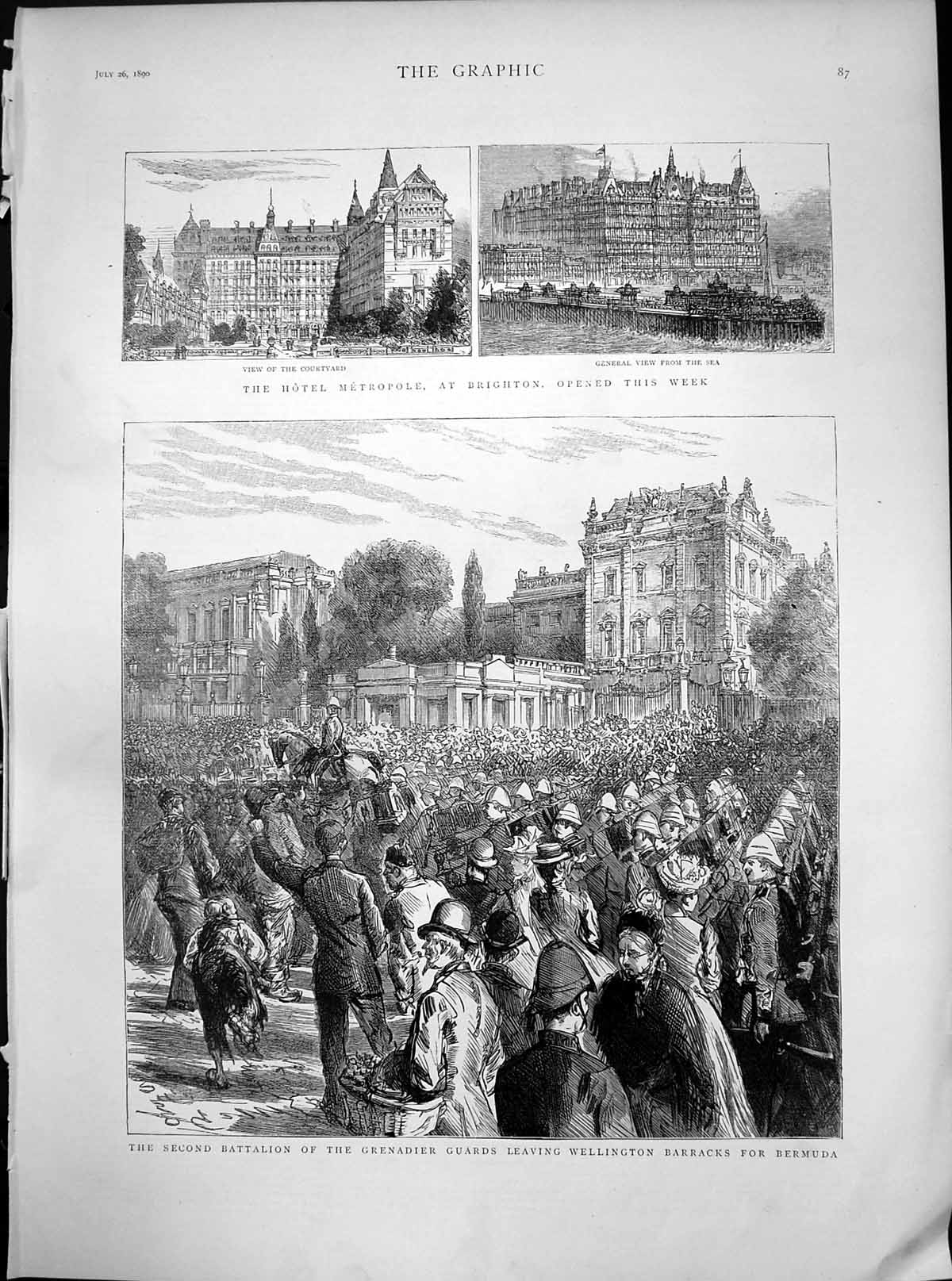 Old Antique Print Hotel Metropole Brighton Grenadier Guards Bermuda 1890 19th