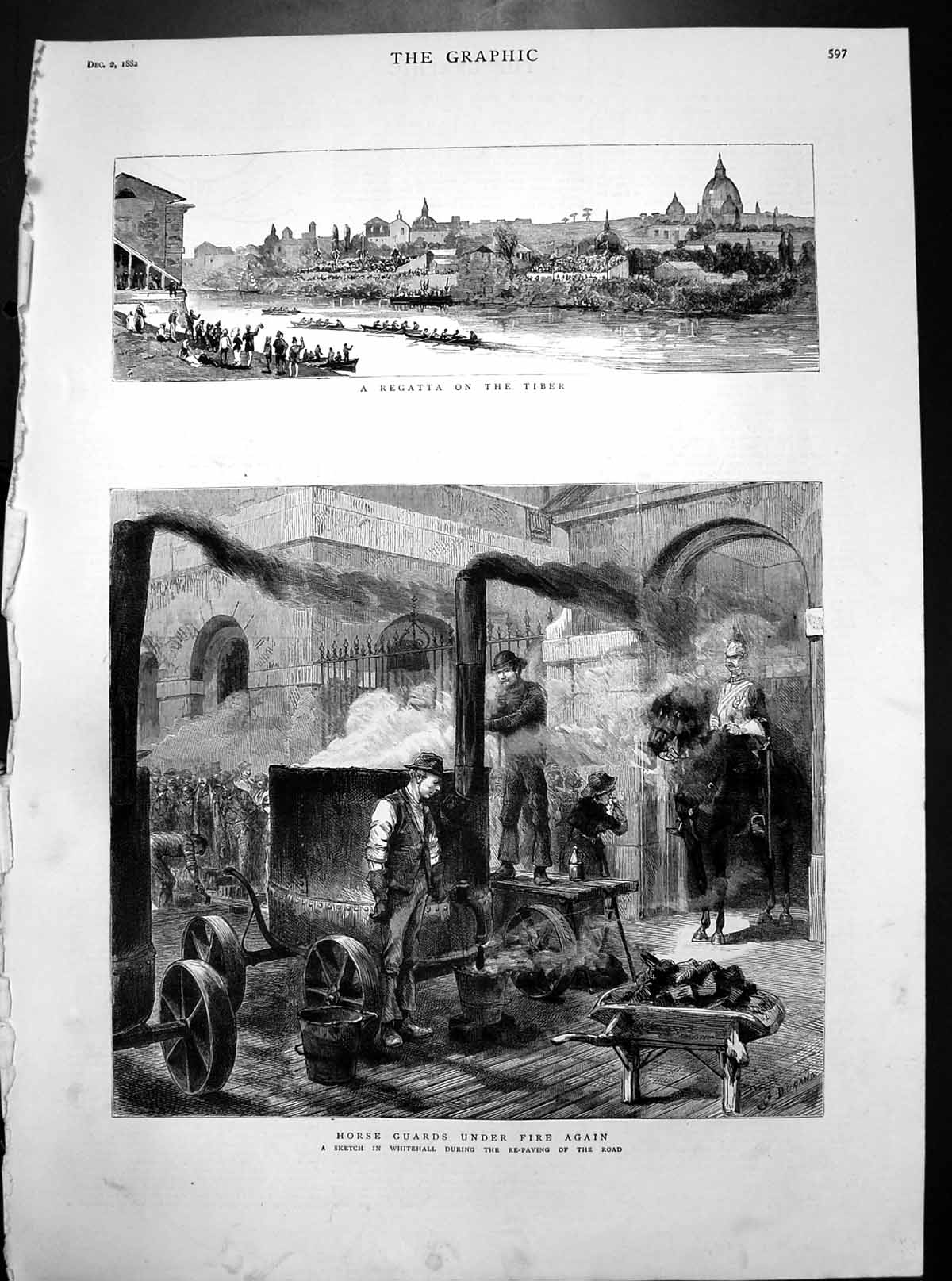 Antique Old Print Regatta Tiber Horse Guards Whitehall Re Paving Road 1882 19th