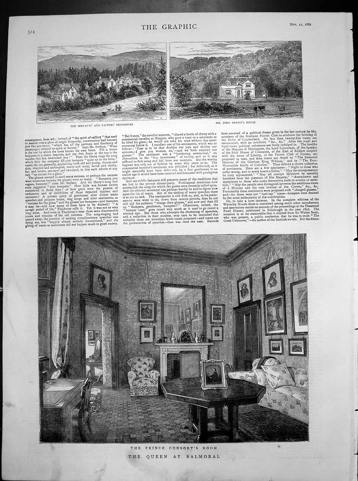 Antique Old Print Queen Balmoral John Browns House Servants Residences 1882