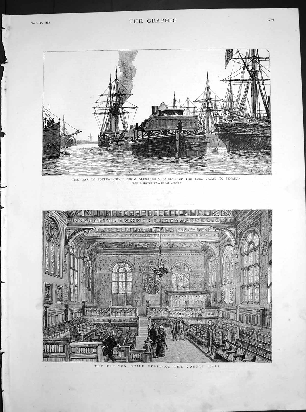 Old Print Preston Guild Festival County Hall Engines Alexandria Suez 1882 19th