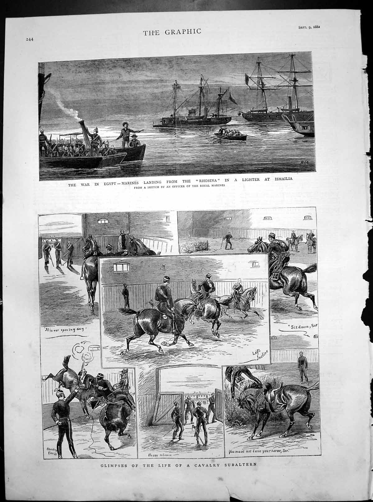 Antique Print Life Cavalry Subaltern War Egypt Marines Landing Rhosina 1882
