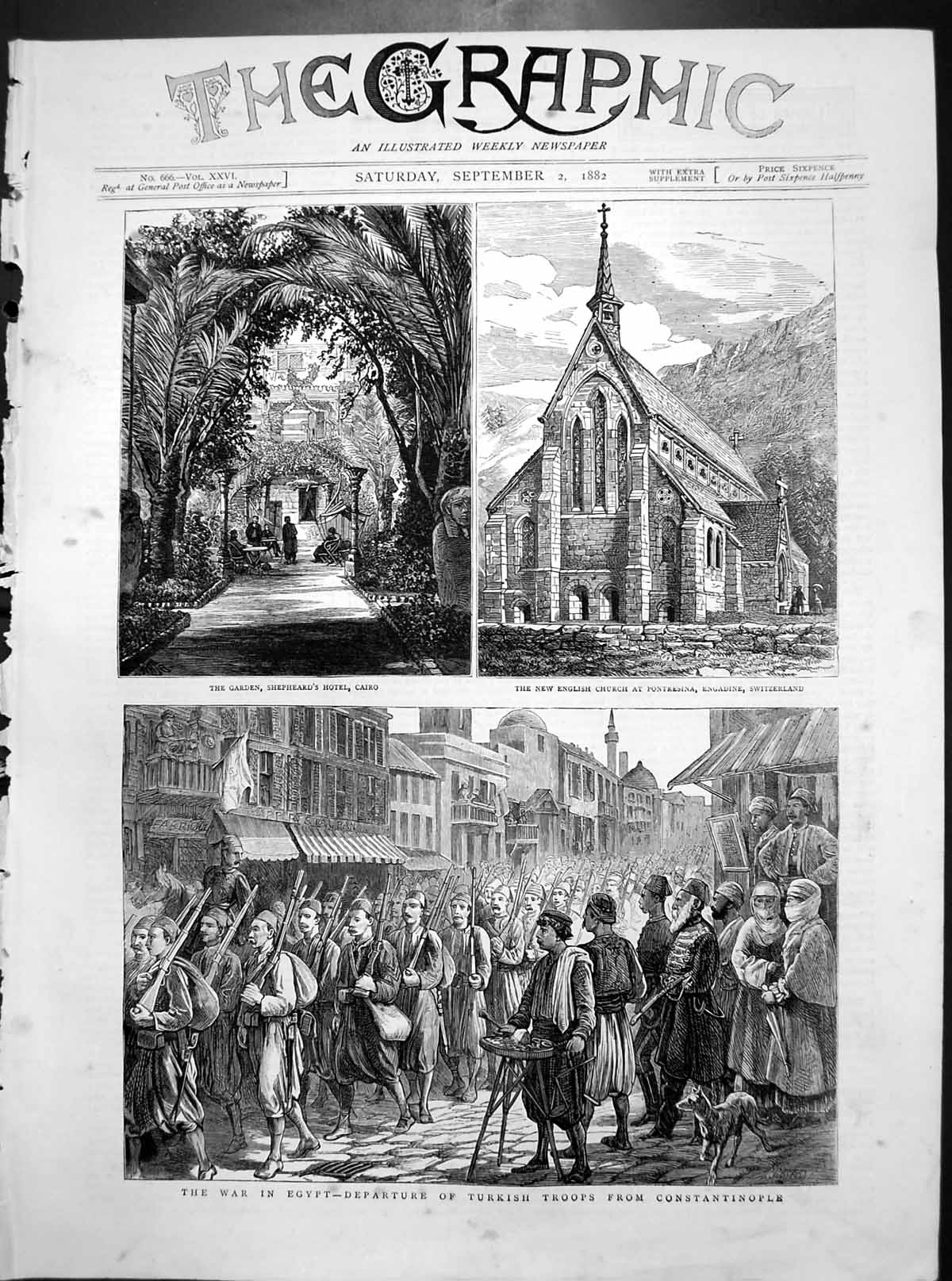 Antique Old Print Church Pontresina Switzerland War Egypt Turkish Troops 1882