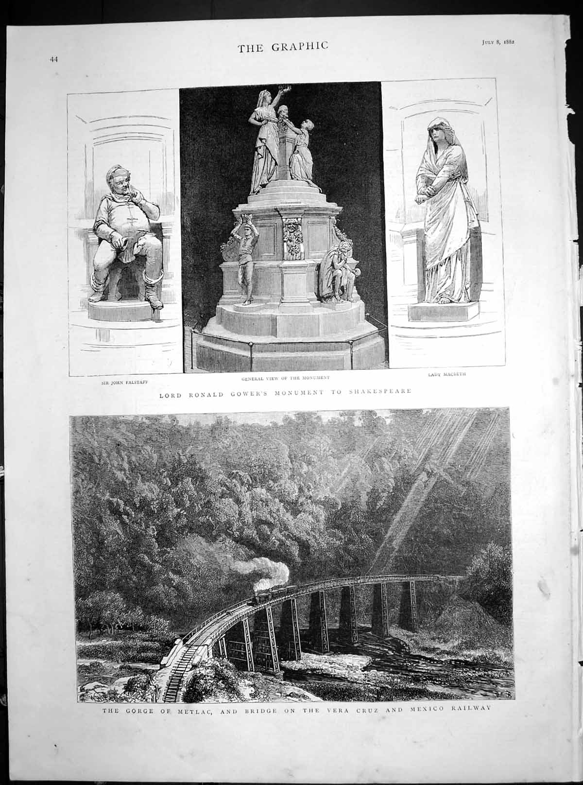 Antique Old Print Monument Shakespeare Lord Gower Gorge Metlac Mexico 1882 19th
