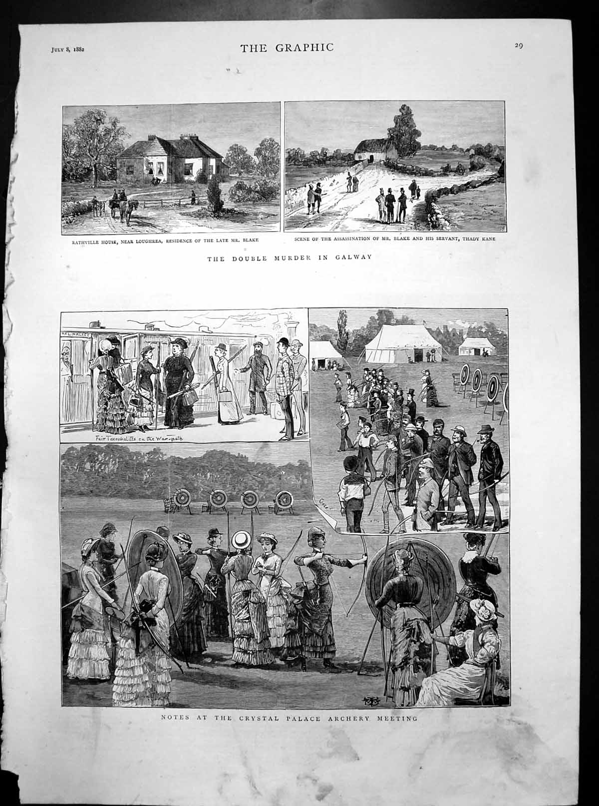 Antique Print Crystal Palace Archery Murder Galway Mr Blake Thady Kane 1882