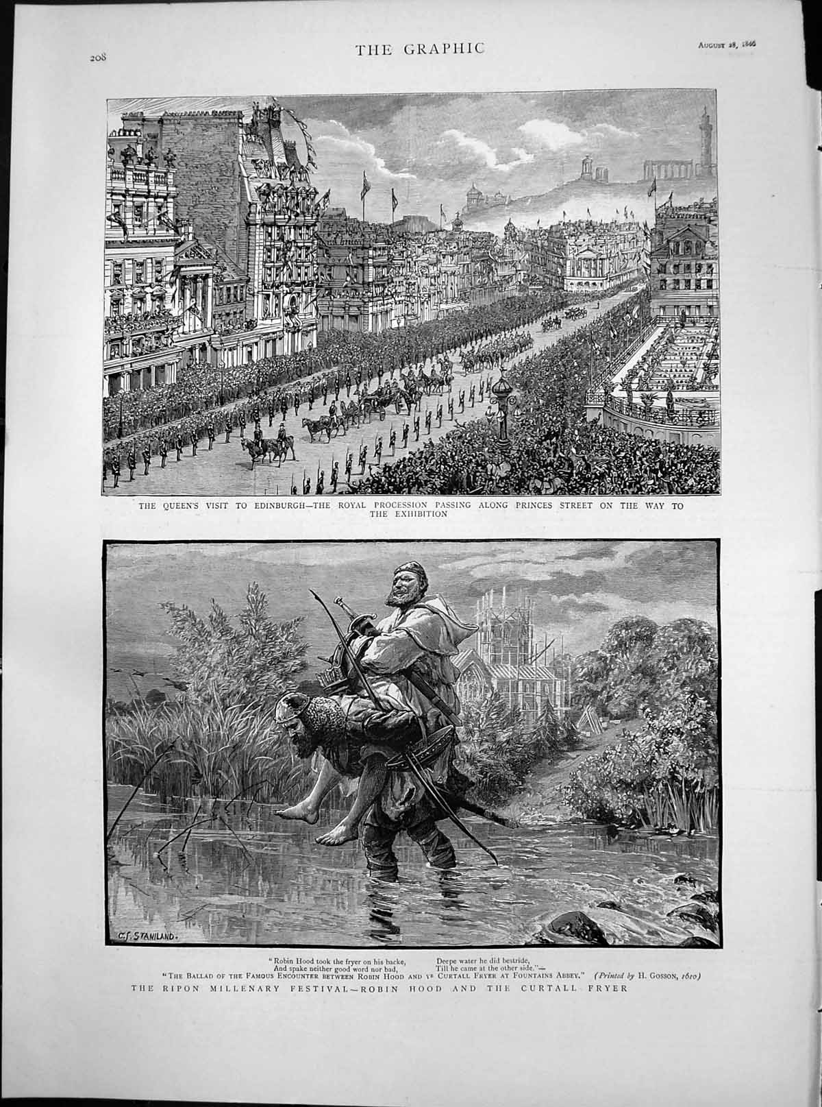 Old Print Queen Visit Edinburgh Ripon Millenary Festival Robin Hood 1886 19th