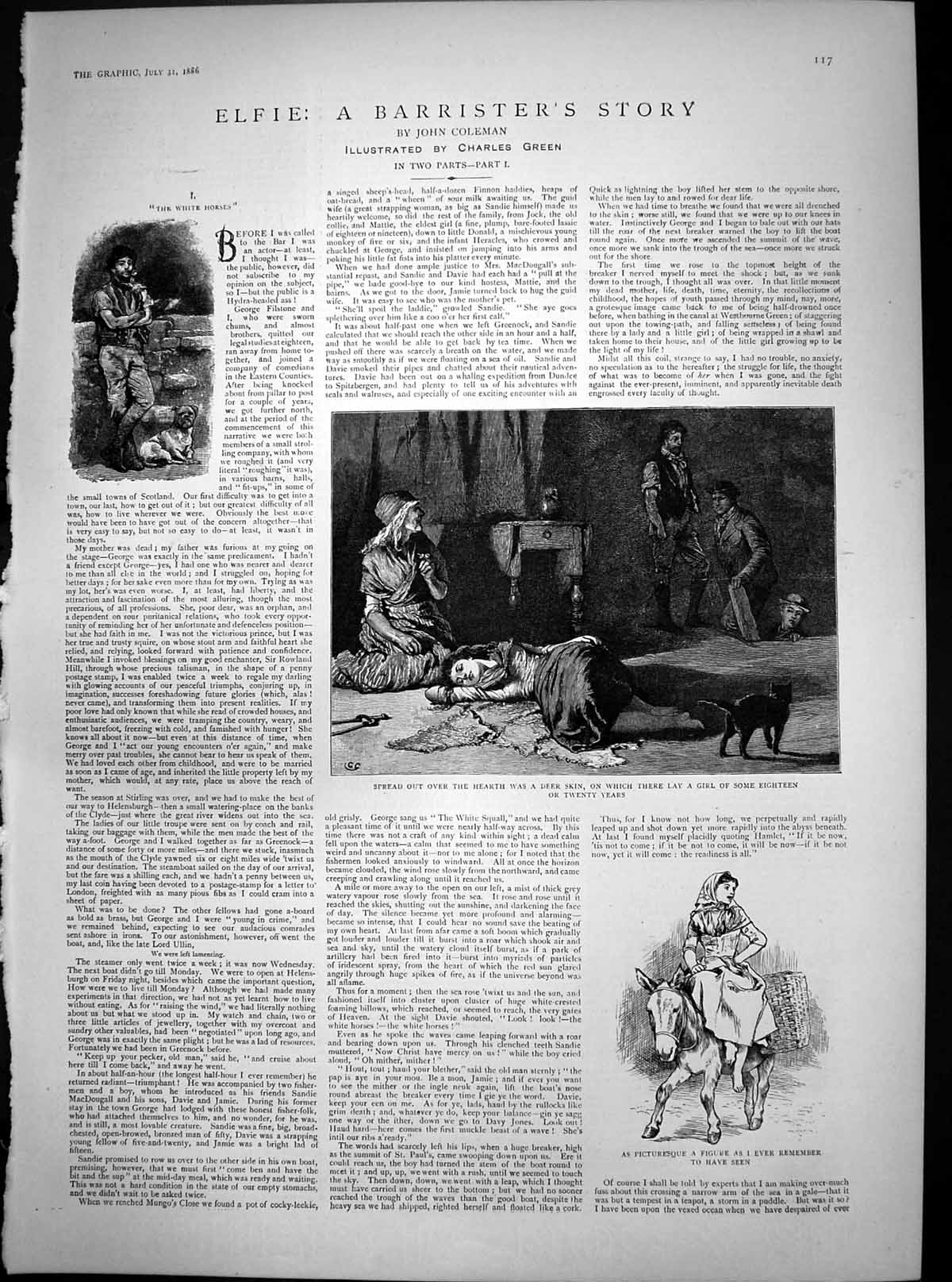 Old Print Elfie Barristers Story C Green White Horses Girl Deer Skin 1886 19th